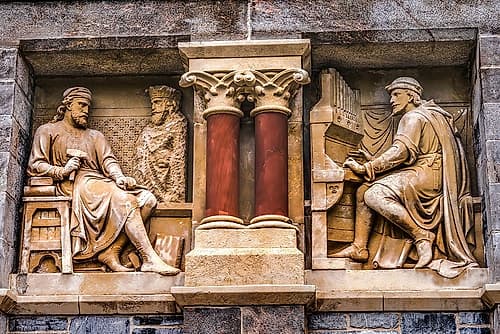 Organist statues on facade of Guildhall Building, Plymouth, Devon, England. Renaissance Print
